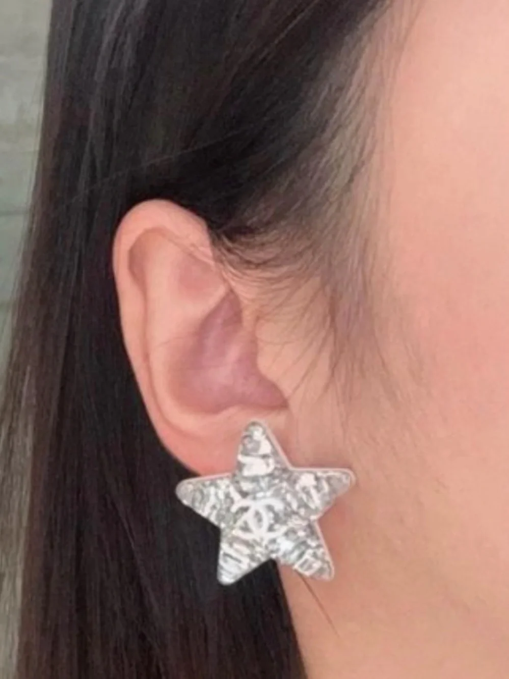 CHANEL White CC Silver Glitter Resin Star Studs